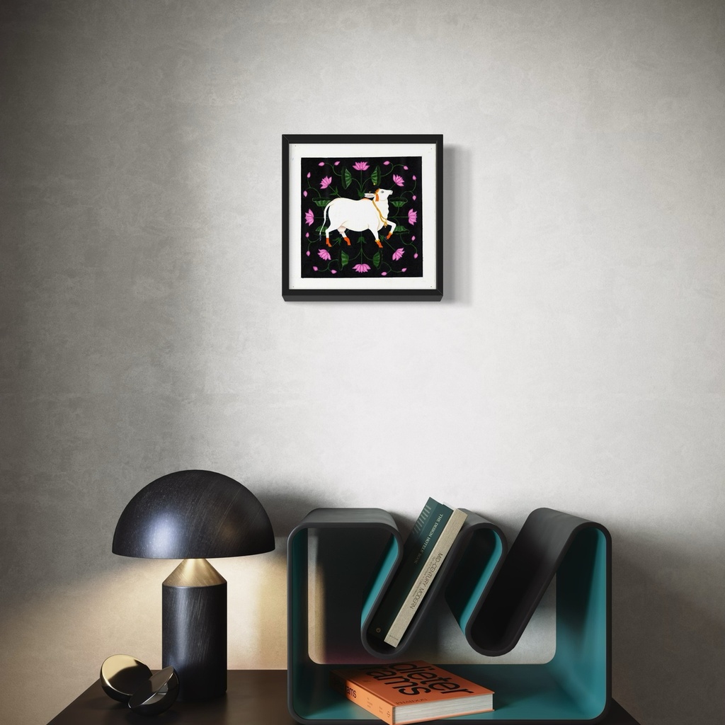 Nandi's elegance in Pichwai | 40 cm x 40 cm x 0.1 cm | Original Art on Rolled Canvas